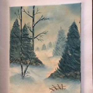 Original art painting on Canvas trees rocks and mountains signed 20" x 16"